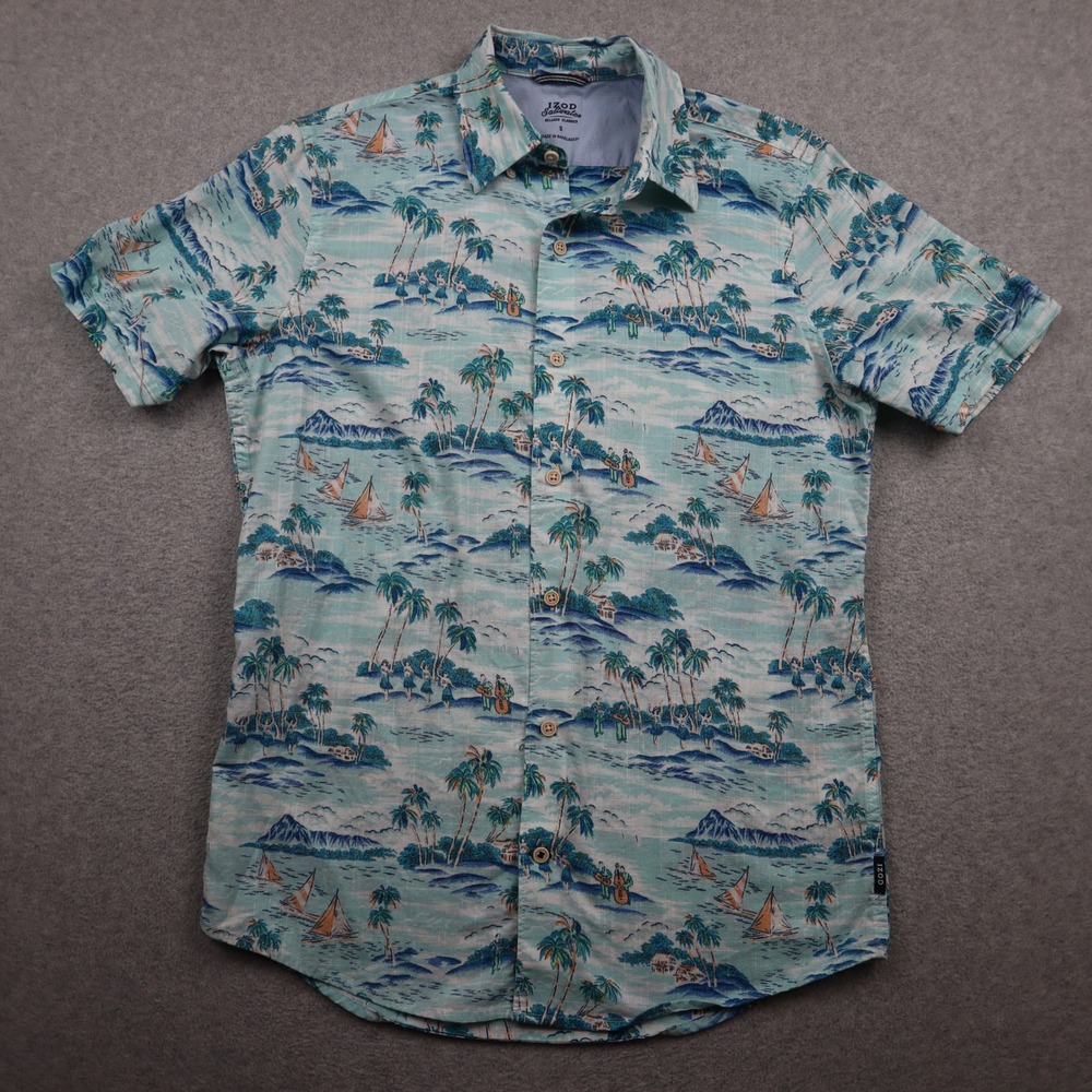 IZOD Shirt Mens S Saltwater Relaxed Classics Blue Tropical Cotton Button Down